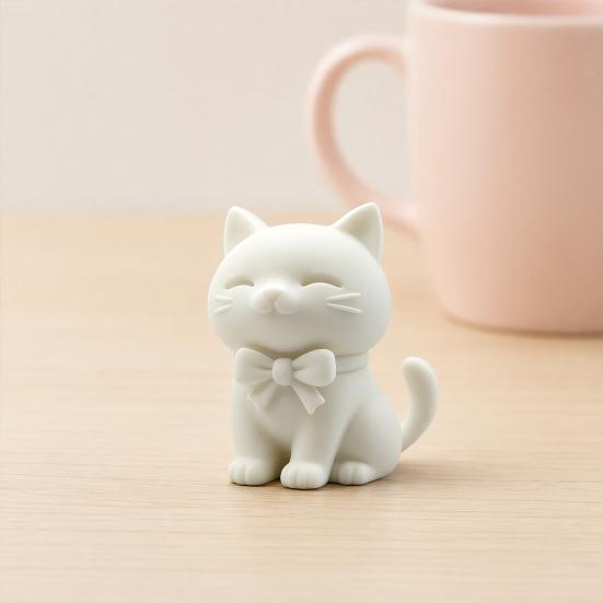 3D Printed Cute Cat Ornament, Mini Size Matte White Cat Figurine with Bow Tie, Desktop Decoration for Home Office Car, Small Gift for Cat Lovers