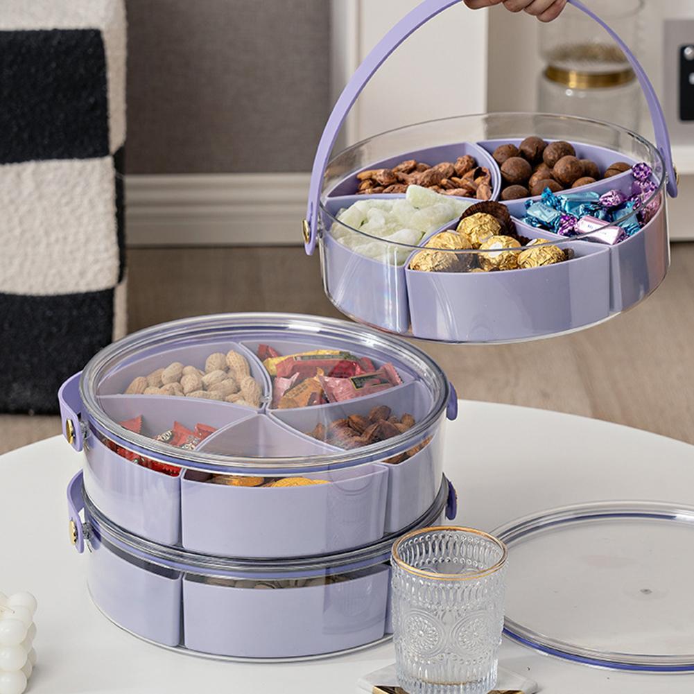 Portable Round Plastic Fruit Tray with Lid and Handle Snack Box Container Multipurpose Serving Tray for Candy Fruit Nuts Snack