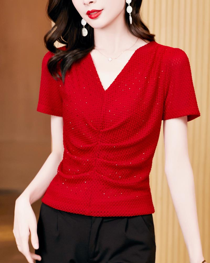 Trendy 2023 V-Neck Slim-Fit Pleated Summer T-Shirt