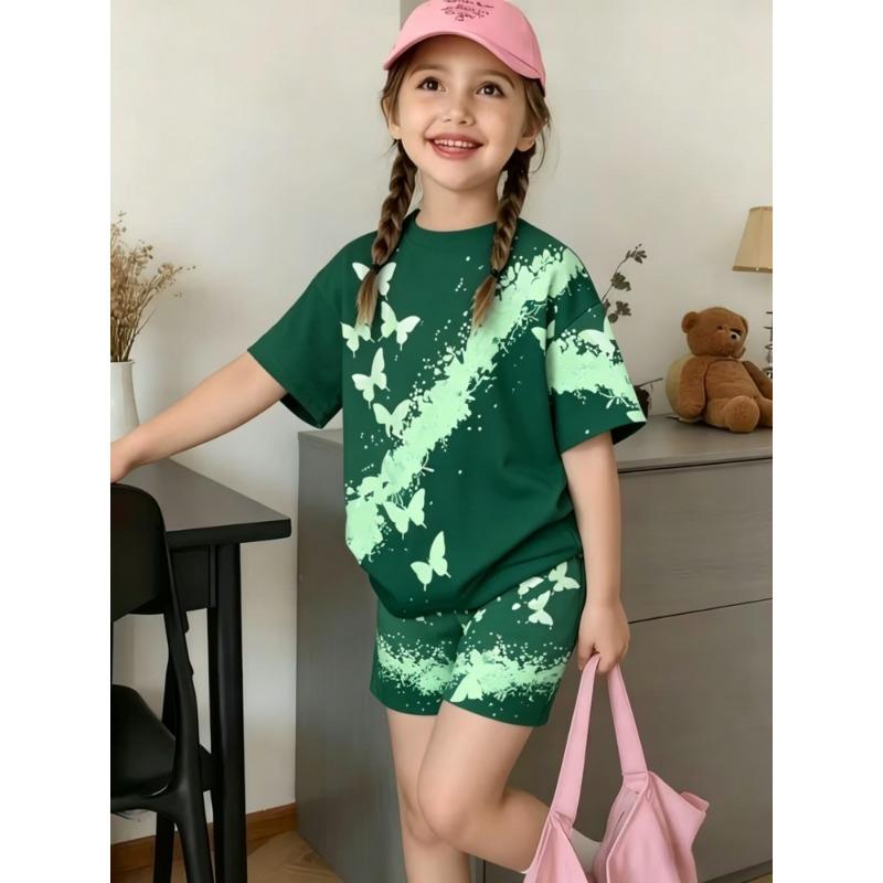 1615 Flame Retardant Digital 3D Swan Girls' Short Sleeve and Shorts Home Wear Set, Suitable for Girls Aged 3 To 8