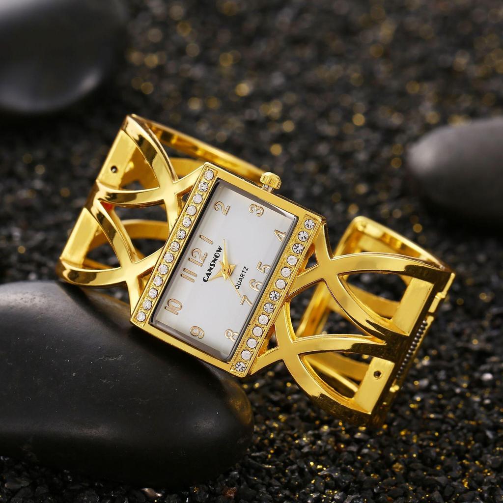 CANSNOW Rechteckige Damen-Armbanduhr Gold Silber Armreif Uhren für Damen Strass Stahlarmband Quarz Modeuhr für Damen