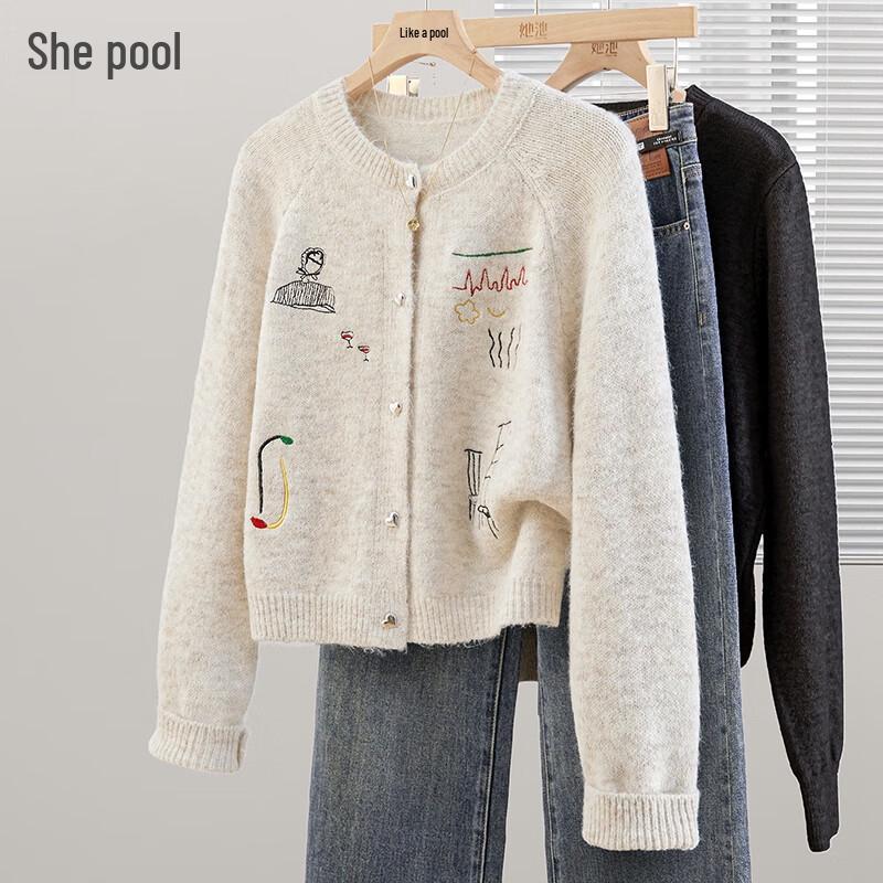 

Women s Playful Cartoon Embroidered Knit Sweater One Size