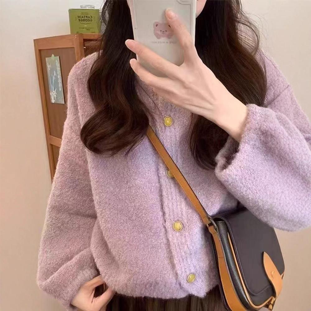 

2025 autumn and winter new loop yarn knitted cardigan design sense niche loose lazy style solid color sweater jacket women One size світло-фіолетового кольору