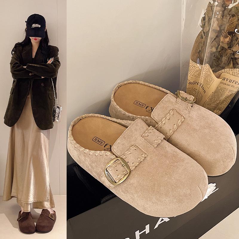 Thick-soled inner height-increasing bag head slippers women's 2025 autumn new retro lazy outer wear Boken half-drag casual shoes