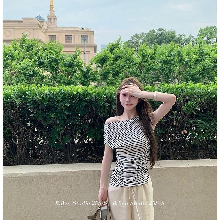 

Design Sense Striped Slash Shoulder Short Sleeve T-Shirt Women s Summer New Korean Style Spice Girl Slim Skinny Bottom Shirt S