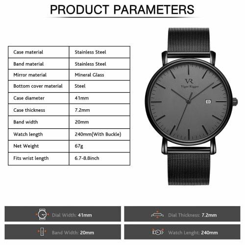 BUREI Men's Watch, Stylish, Simple, Popular, Waterproof, Analog Wristwatch, Brand Name, Business, Slim, Quartz Movement, Black or Gray