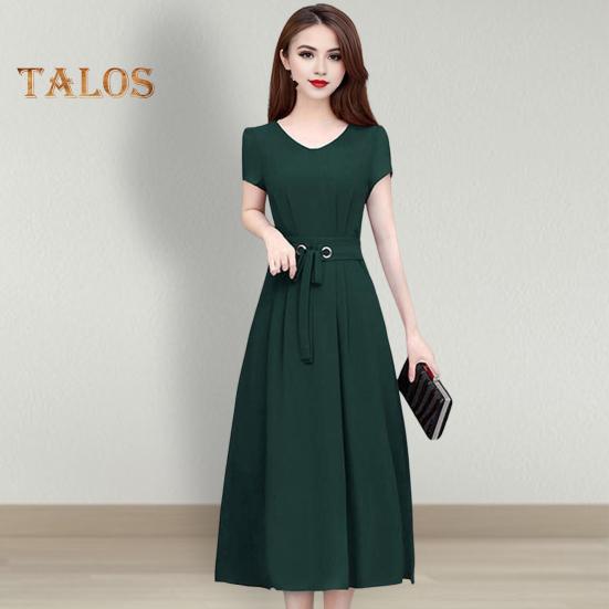 Summer Lady Dress Round Neck A-line Short Sleeves Slim Waist Plus Size Pure Color Slim Fit Mid-calf Length OL Commute Midi Dress