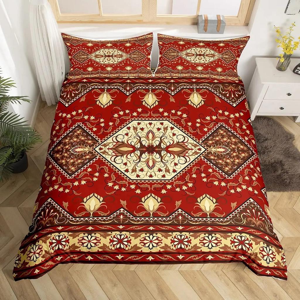 Tribal Floral Duvet Cover Set Bohemian Geometric Flowers Bedding Set Mysterious Indian Abstract Grid Quilt Cover Twin King Size