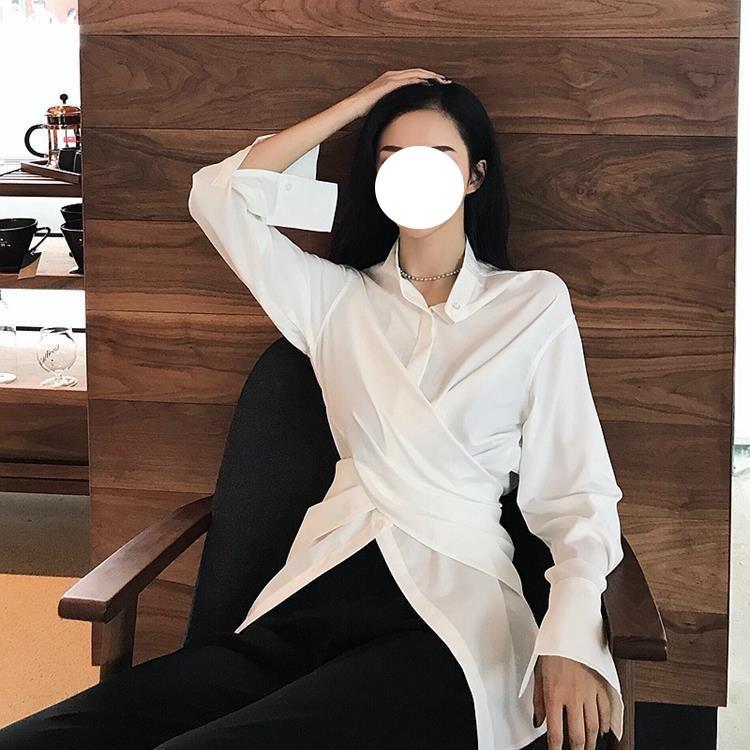 

Рубашки с длинным рукавом женские корейские свободные нерегулярные уличные осенние винтажные офисные женские блузки средней длины M белый