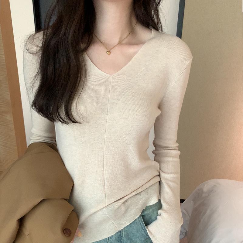 European tops, new V-neck inner wear, women's autumn and winter long-sleeved, slim-fitting, soft and waxy cashmere knitted bottoming shirts