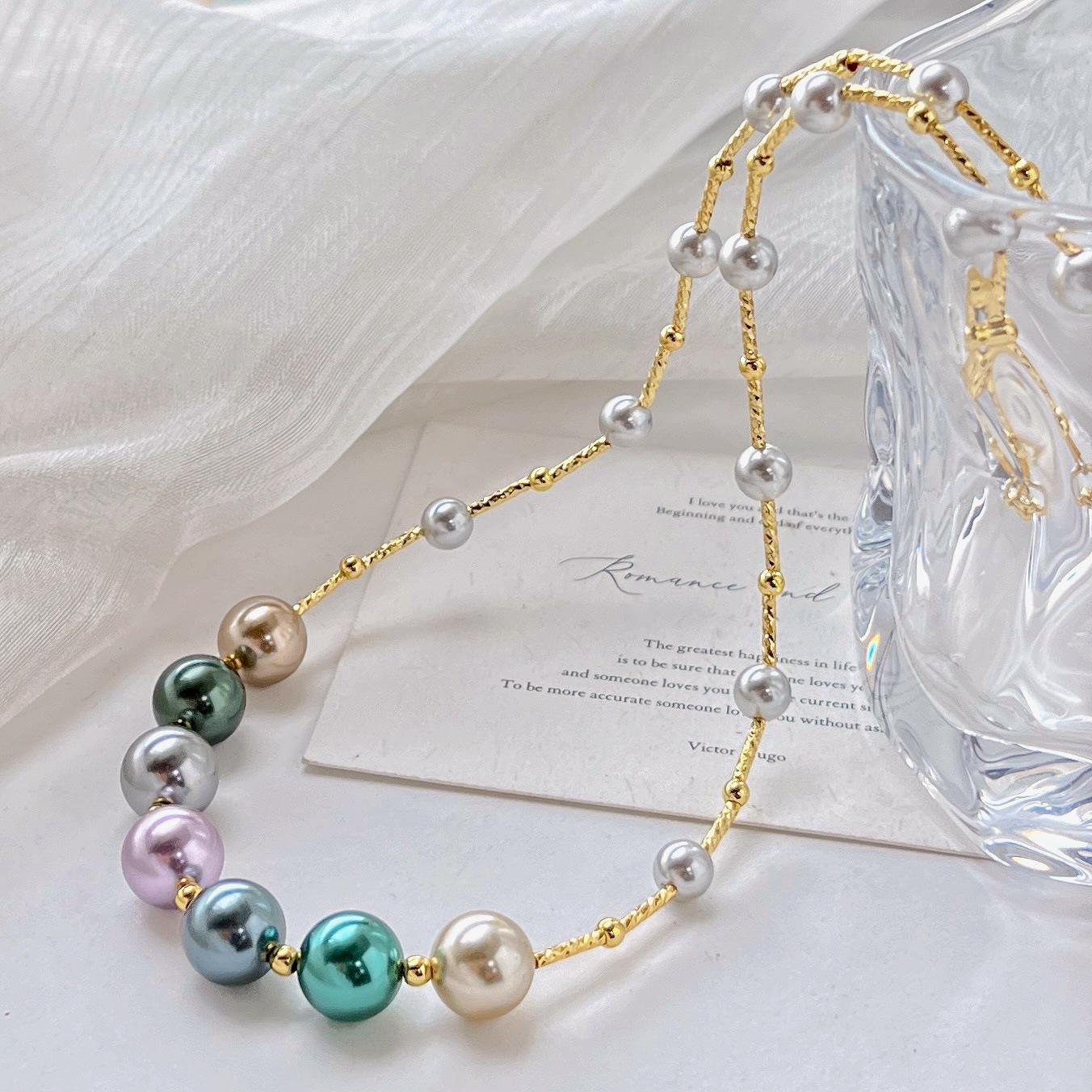 

Maillard Style Peacock Green Vintage Blend Faux Crystal Pearl Necklace Collarbone Chain Sweater Chain