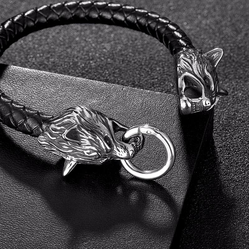 Classic Animal Viking Double Dragon Wolf Head 316L Stainless Steel Men's Leather Bracelet Fashion Punk Jewelry Pulseras