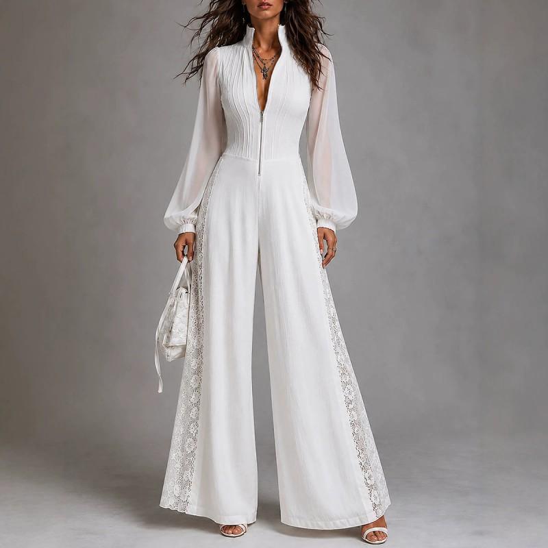 Bohemian Chiffon Lace Patchwork Jumpsuit With Lantern Sleeves High Waist Loose Fit 2026