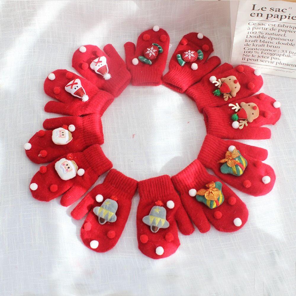 Bell Snowman Christmas Kids Mittens Full Fingers Gloves Women Knitted Gloves Santa Claus Printed