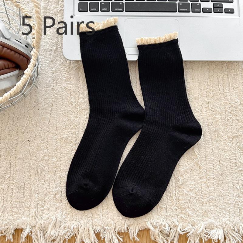 5 Pairs of Women s Sweet Lace Lace Vintage Solid Color Medium Tube Stack Socks 5 Pairs чёрный