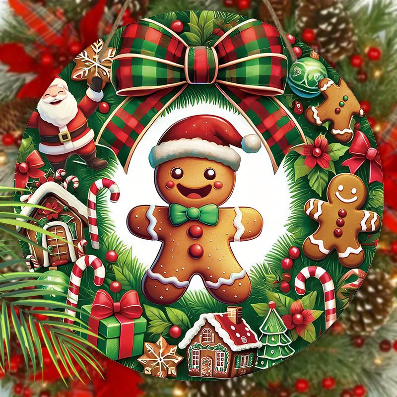Wooden Christmas Sign with Gingerbread Man Pattern - Buffalo Plaid Navidad Ornament for Front Door Wall Hanging Decor - Ideal Christmas Ornament