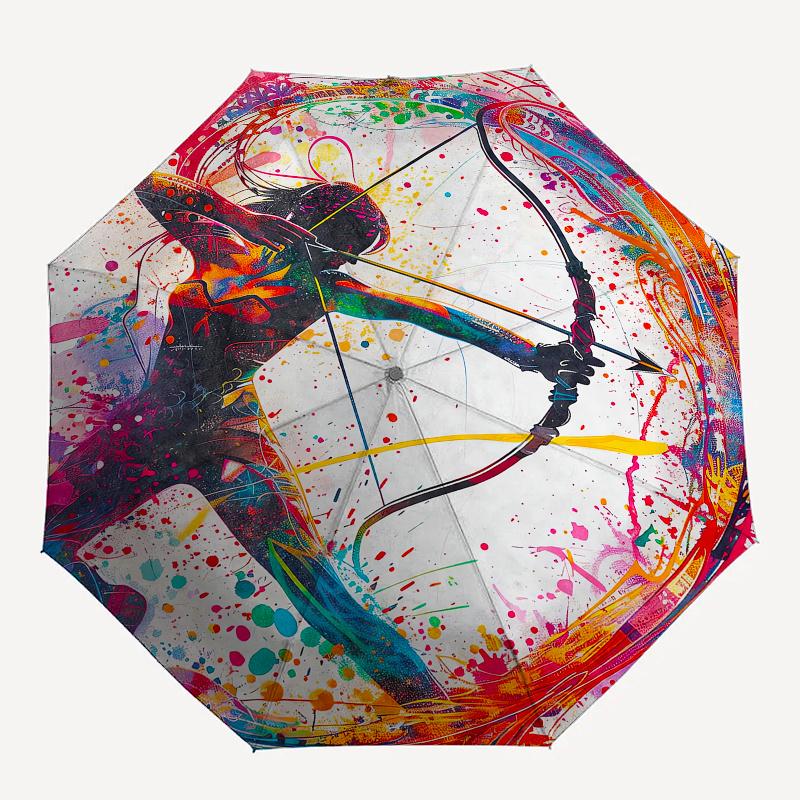 Archery, Abstract Art Automatic folding umbrella simple eight rib design, bright color pattern, durable iron frame, ideal for travel and ou