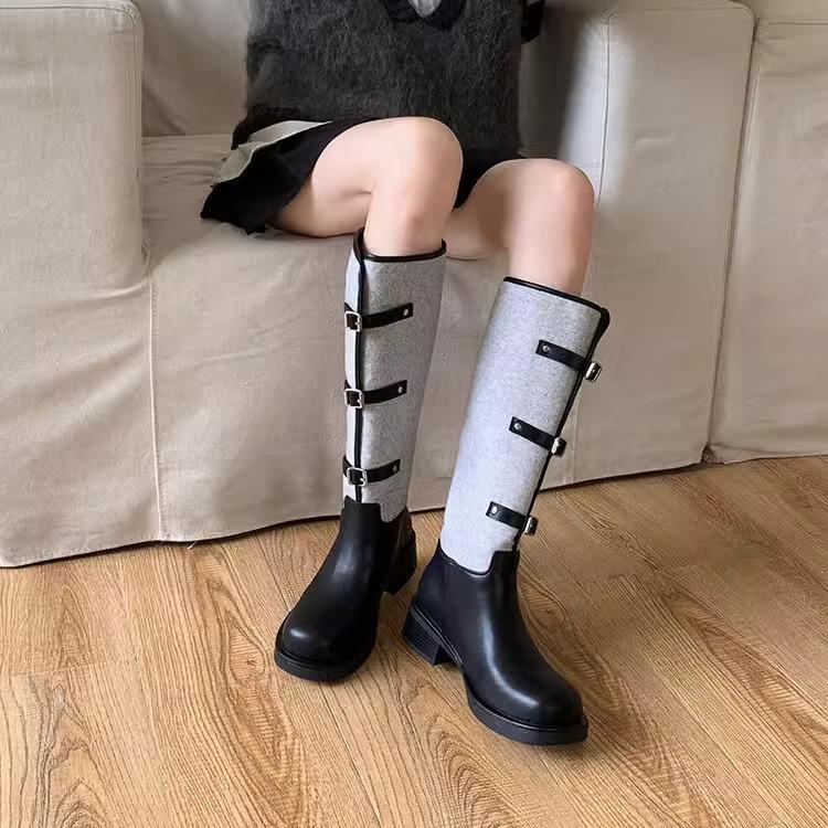 Meng Ziyi's same black and gray spliced knight boots for women's 2025 autumn and winter new belt buckle high boots long boots fashion boots