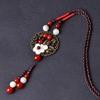 GEMCHIC Women's Vintage Ethnic Style Long Sweater Necklace with Red Agate Beads and Floral Alloy Pendant