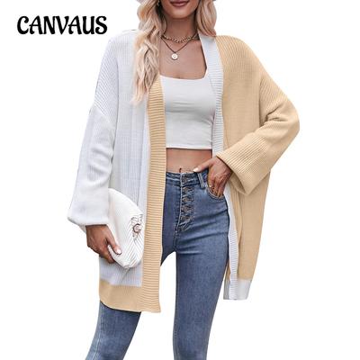 Herbst- und Winter-Strickjacke für Damen in Kontrastfarben, lockerer Schal, mittellanger Pullover