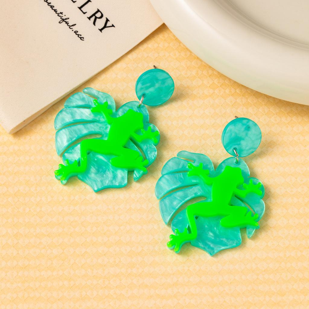Creative Design Earrings Personality Fun Funny Frog Leaf Acrylic Fashion Earrings