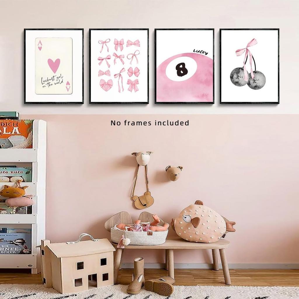 Pink Room Decor Aesthetic Wall Art Prints Poster, 8x10 Inch Canvas Prints Unframed Set of 4 Posters for Teen Girls Bedroom Dorm Decor
