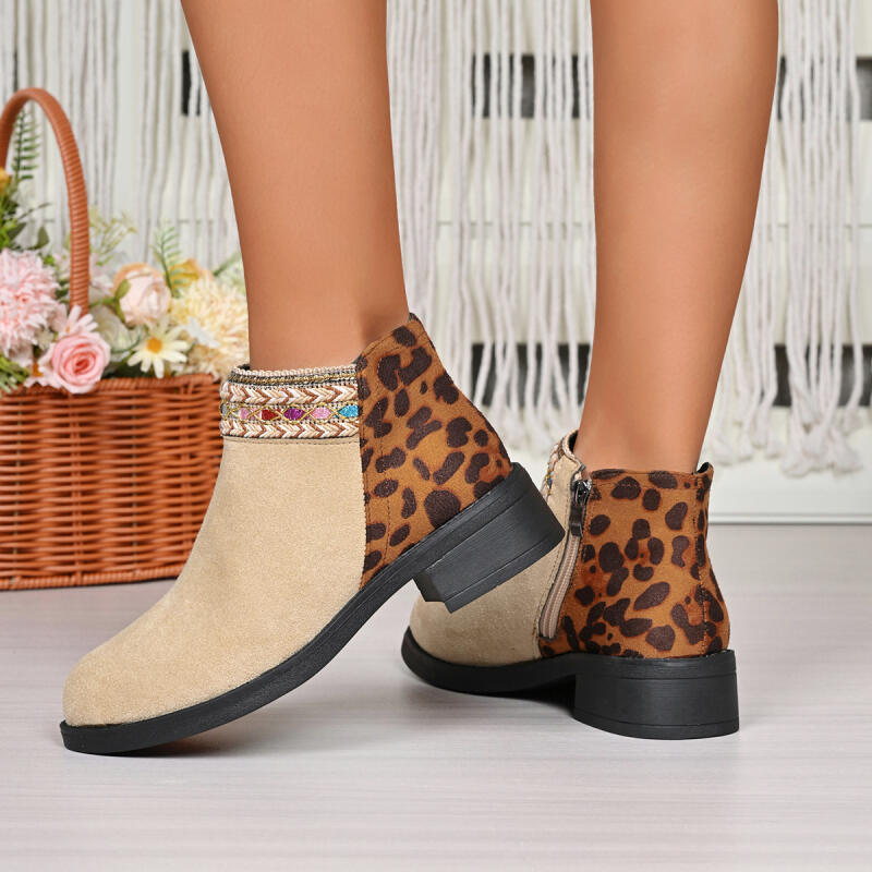 Sexy Pointed Toe Leopard Chelsea Boots Women 2025 Autumn Colorful Woven Strap Side Zip Suede Ankle Boots Fashion Western Booties