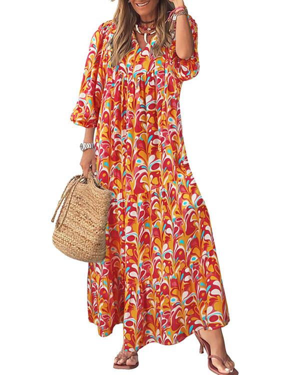 2023 Autumn New Independent Station Hot-selling Geometric Printing Bubble Sleeve Dress Street Fried Street Large Size Women's Clothing