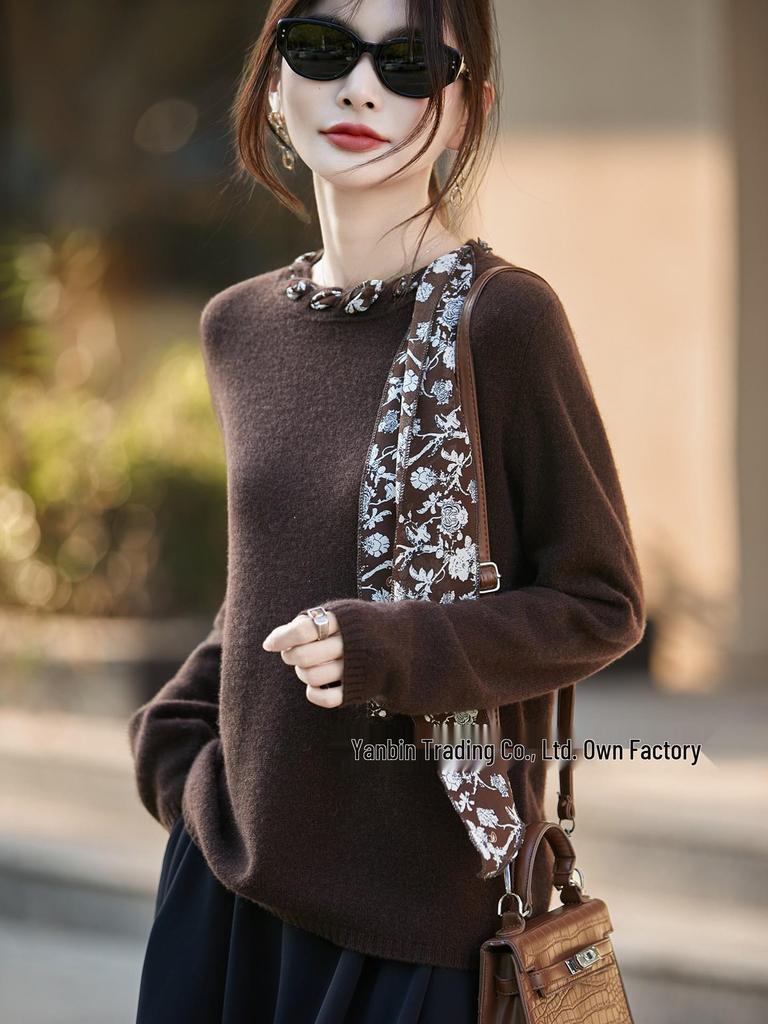 Women's Autumn Winter Wool Sweater: Gentle Style, Flowing Ribbon, Round Neck, Knit Base Layer, Loose Slimming Fit.
