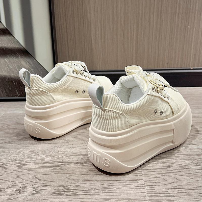 Fashion 8CM Women's Spring Canvas Thick Bottom Shoes Breathable Vulcanize Flats Shoes Sneakers Versatile Rubber Sole White Walking Shoes