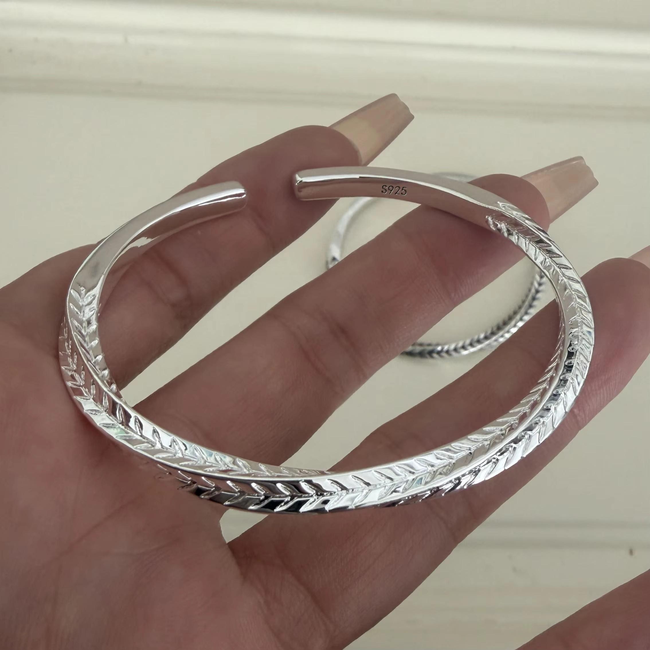 

100% Solid 925 Sterling Silver Retro Bracelet for Women Men Vintage Handmade Narrow Leaf Pattern Simple Bracelet Birthday Gift