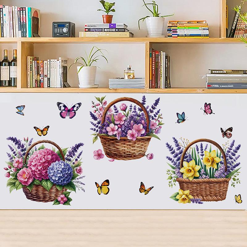3D Wooden Barrel Wall Sticker Flower Decoration Butterfly Lavender Rose Tile Sticker Kitchen Restaurant Background Home Decor Peel and Stick