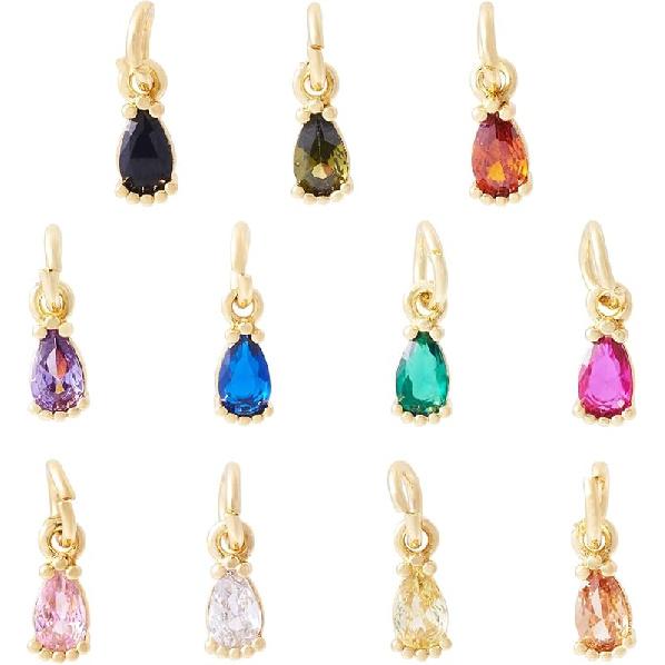 Pandahall 12Pcs 18K Gold Plated Rectangle Charms Cubic Zirconia Birthstone Charms Brass Crystal CZ Stone Pendants with Jump Ring for Jewelry Making