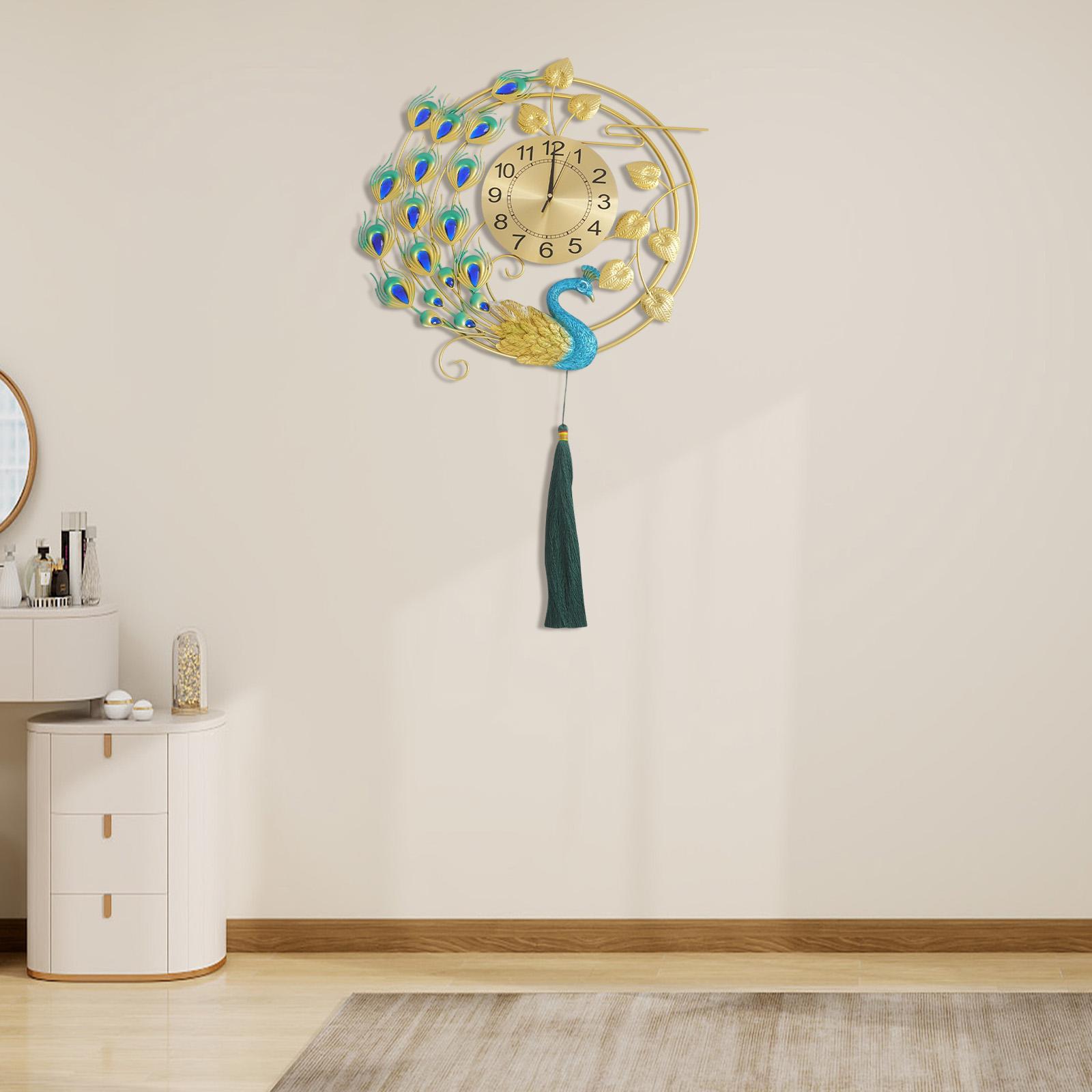 Peacock Metal Wall Clock,Gold Blue Wall-mounted Silent Art Wall Clock 58*100cm for Decoration Bedrooms