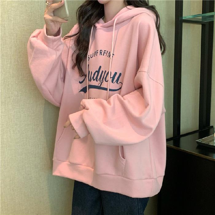Padded Even The Cap Sweater Hooded Sweatshirt Female Autumn and Winter Loose Letter Printed Student Jacket Long Sleeve Top Retro Versatile Sweatshirt