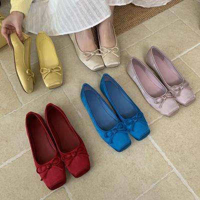 Bow Satin Square Head Light Mouth Ballet Single Shoes Women's Soft Sole Pig Nose Small Red Shoes