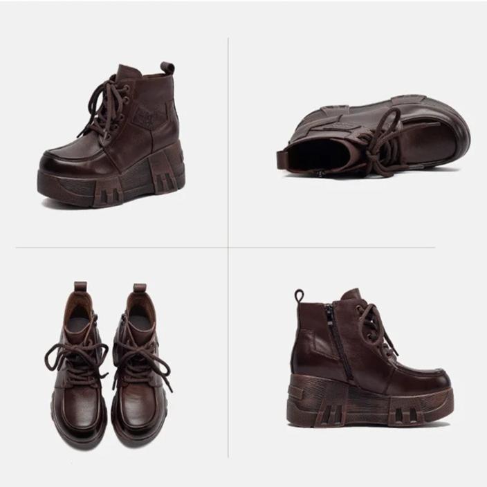 Johnature Retro Thick Sole Wedges Short Boots Genuine Leather Women's Height-increasing Shoes