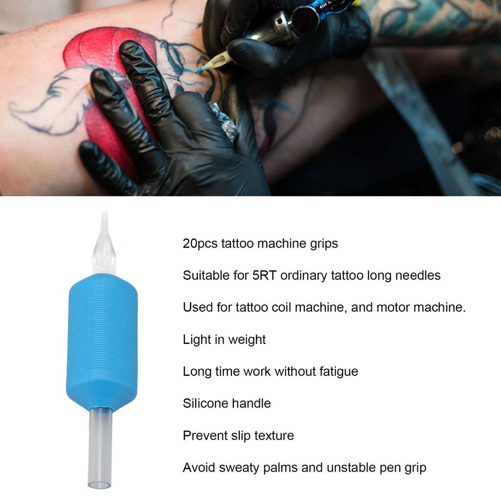 20pcs Disposable Tattoo Handle Grip Silicone Prevent Slip Tattoo Machine Grips for 5RT Needle Blue 25mm