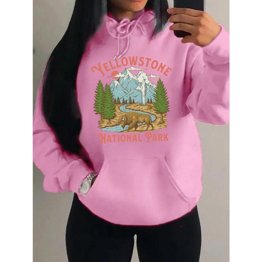 Yellow Stone National Park Printing  Hoodies Women Fleece All-Match Streetwear Y2K Pocket Hoody Autumn Casual Woman Clothing