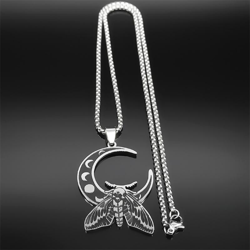 Witch Luna Moth Skull Crescent Necklace for Women Men Stainless Steel Gothic Insect Moon Phase Chain Jewelry Necklace