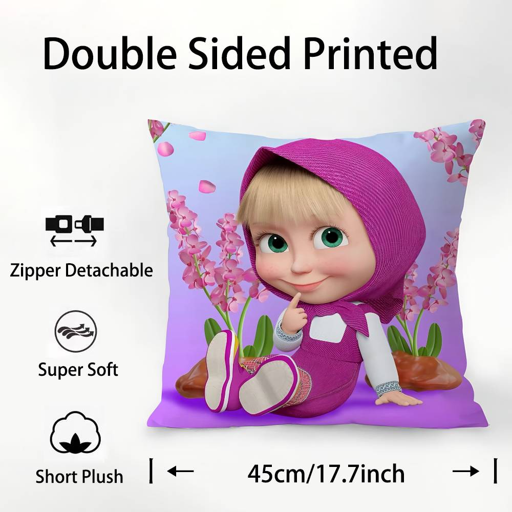 Cartoon Cute M-MashaS And The Bear Pillow Case Square Double‑Sided Print Cushion Case For Sofa Home Bedchamber Decor Gift