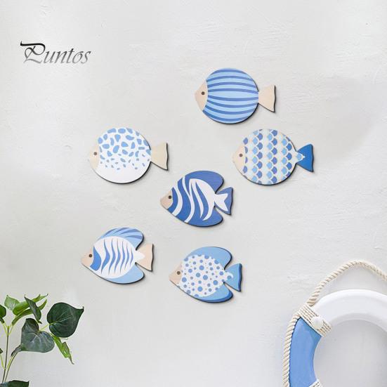 Adhesive Fish Cutouts for Walls 6Pcs Wooden Wall Decor, Marine Striped Ocean Theme Stickers, Self-Adhesive Nature Inspired Art Coastal Beach Kids Room