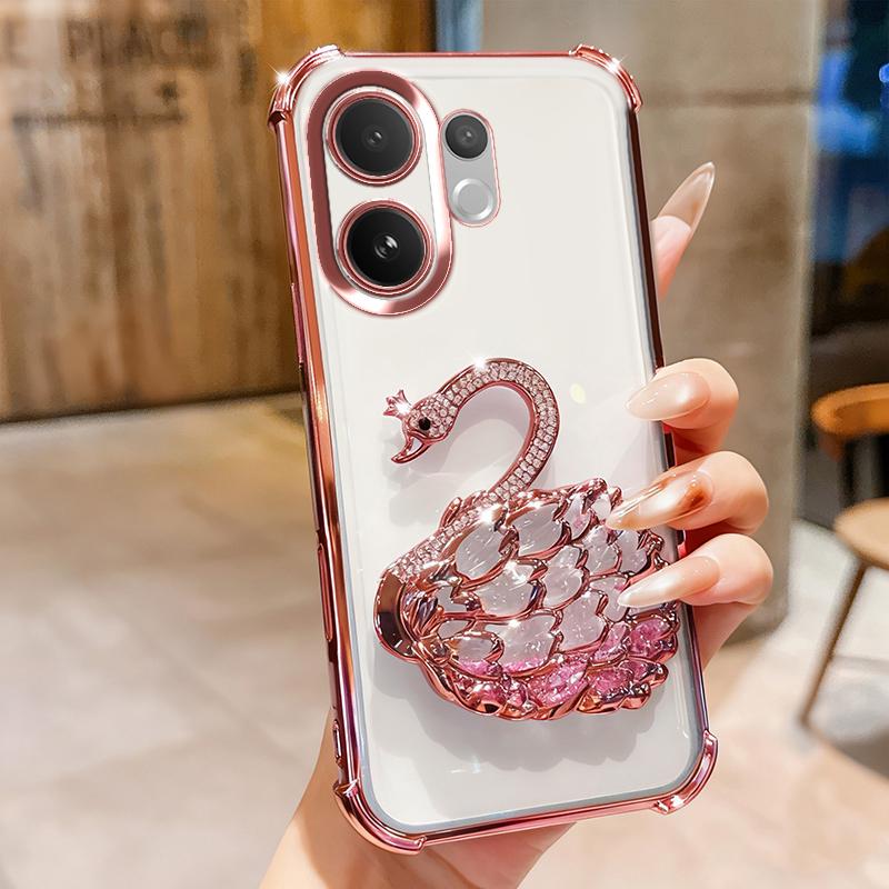 KEYSION Shockproof Plating Phone Case for VIVO V60 5G Clear Soft TPU Glitter Jewelled Swan Kickstand Back Cover for VIVO V60
