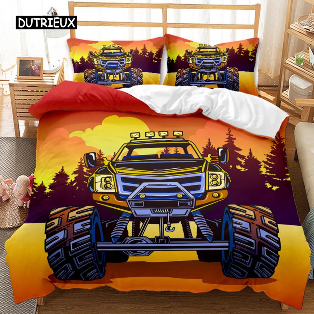Truck Duvet Cover Set Automobile Blue Monster Pickup Truck Off Road Vehicle Bedding Set for Boys King Size Polyester Quilt Cover
