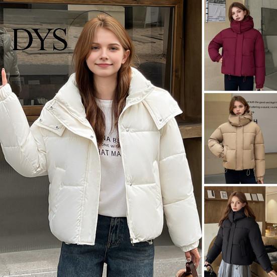 Short Cotton Jacket Winter Women Stand Collar with Hood Neck Protection Type Pockets Zipper Closure Padded Coat Solid Color Windproof Outwear Parka