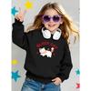 European sizes Girls' Round Neck Fashion Sweatshirt, Black Cat with Apple And Bow, Autumn Winter Trendy Print, Casual And Sporty.