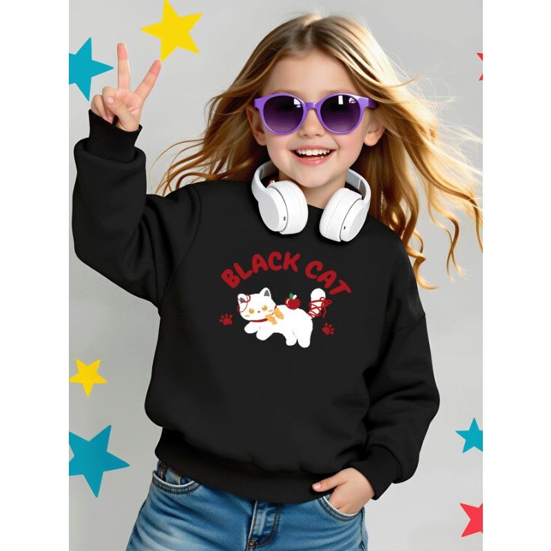 European sizes Girls' Round Neck Fashion Sweatshirt, Black Cat with Apple And Bow, Autumn Winter Trendy Print, Casual And Sporty.