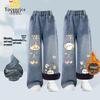 Jiyikawa Little Eight Girls' Fleece-Lined Wide-Leg Jeans with Bear Design for Autumn/Winter 2025