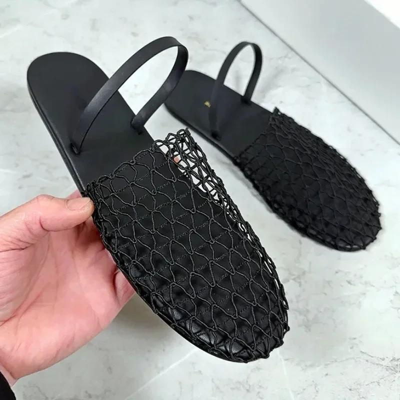 Fashion Novelty Mesh Flat Sandals Women Designer Weaving Hollow Breathable Mules Slippers Summer Light Comfort Slingbacks Slide Sandals