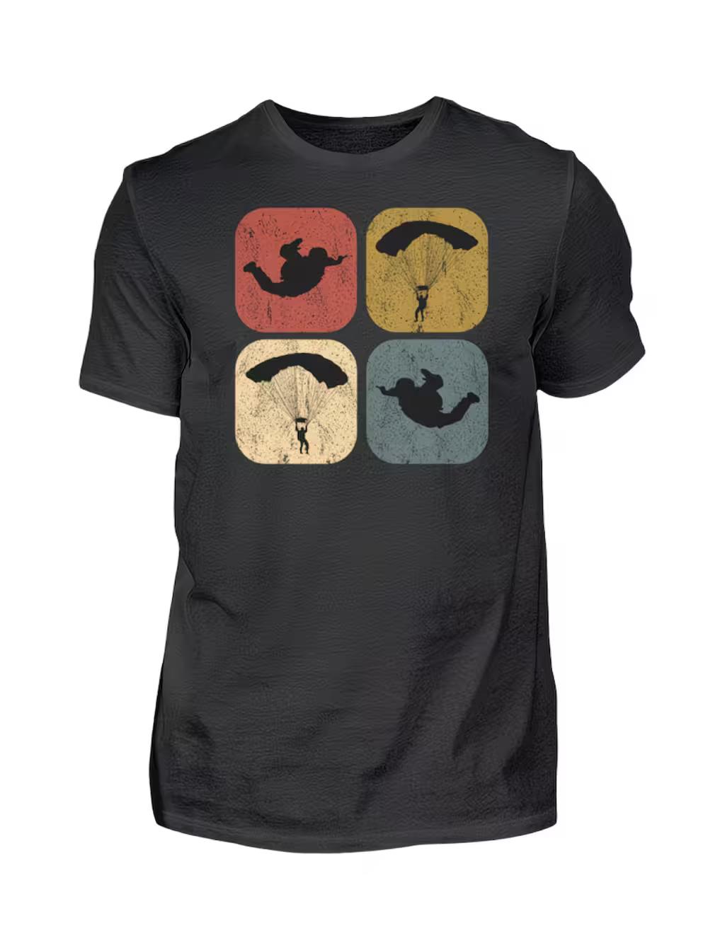 Men s Retro Parachutist T-Shirt - Black Short Sleeve Crew Neck with Colorful parachute & skydiving design M